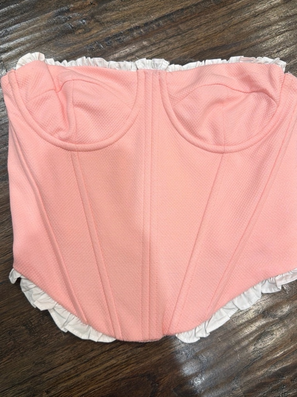 Edikted Pink Strapless Bustier with White Ruffle Trim